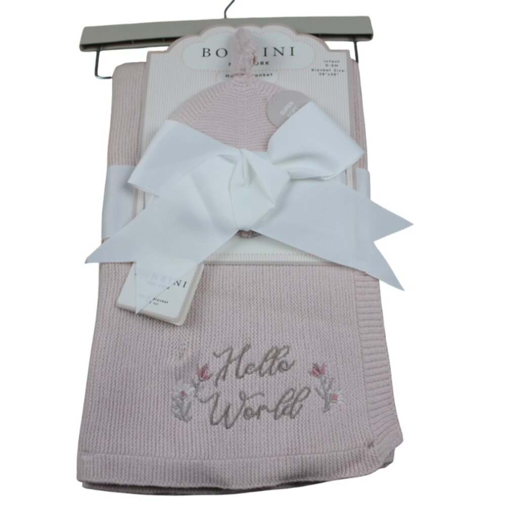 Bonbini NY Baby Blanket Hat Set Hello World Pink Knit Infant Girl 0-6 m NWT RARE